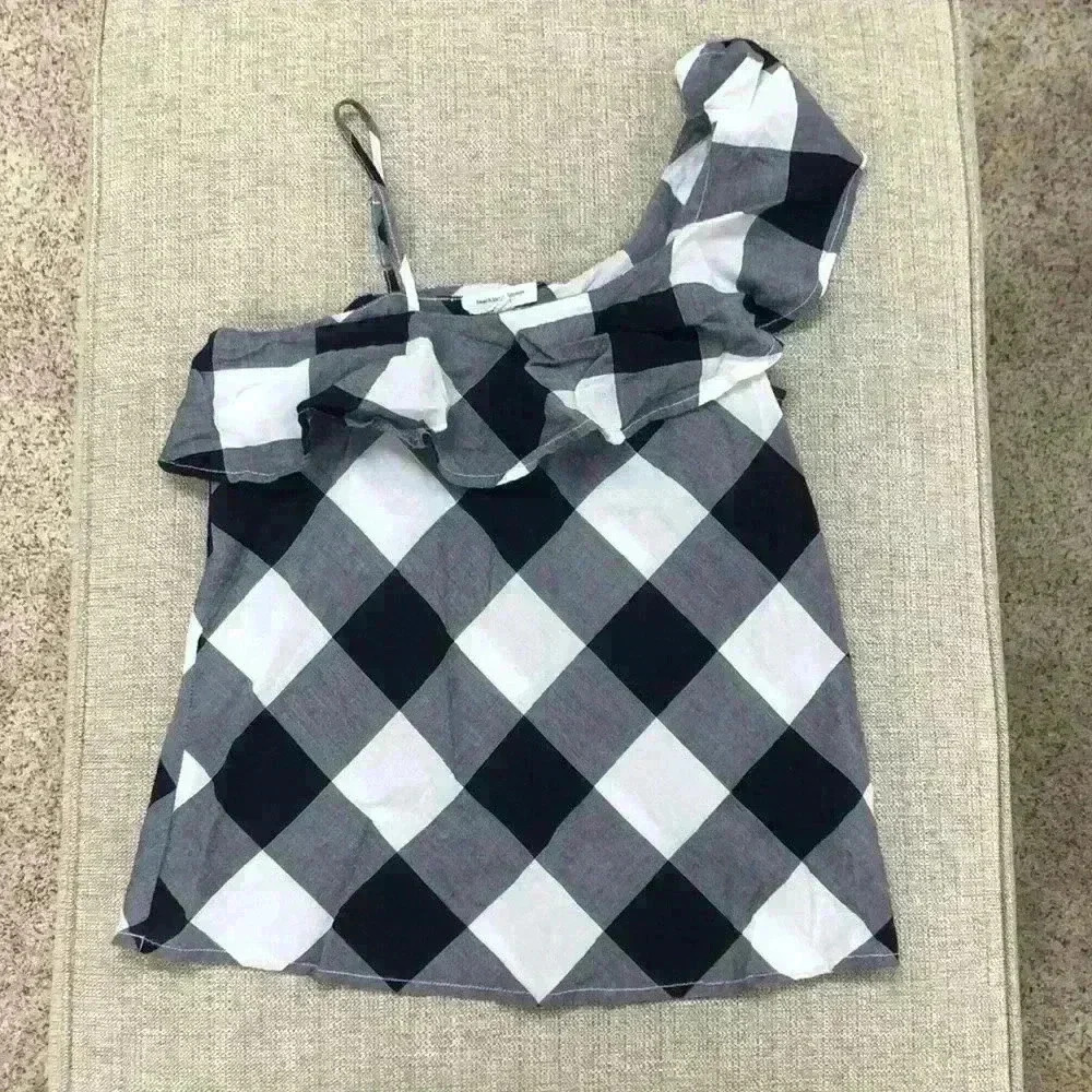 BeachLunchLounge One Shoulder Ruffle Checkered Top